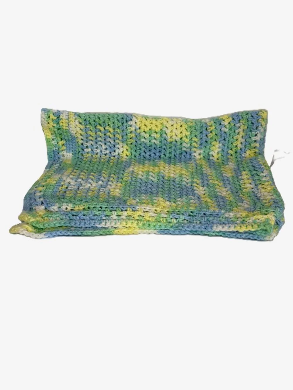 Handmade Crochet Baby Blanket Blue Green Yellow White Grandmacore Nursery Throw